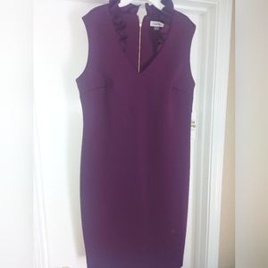 NWT Calvin Klein Women's Ruffled Collar Scuba Sheath Dress Plum Size 14